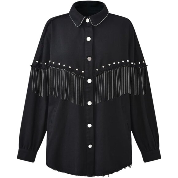 Women’s Black Apocrypha Boho Fringe Rhinestone Denim Cowgirl Jacket - Picture 2 of 7